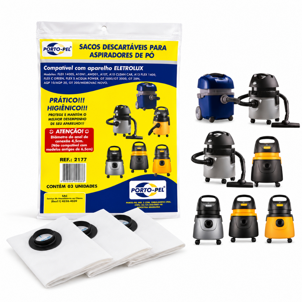 Kit 3 sacos aspirador de pó Electrolux Flex, A10, A13, AWD01, GT, AQP, Hidrovac e outros  (2177)