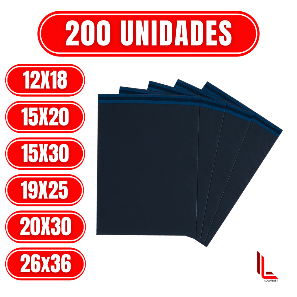 Kit 200 Envelopes de Segurança Plástico Preto Aba Adesiva 12x18 15x20 15x30 19x25 20x30 26x36