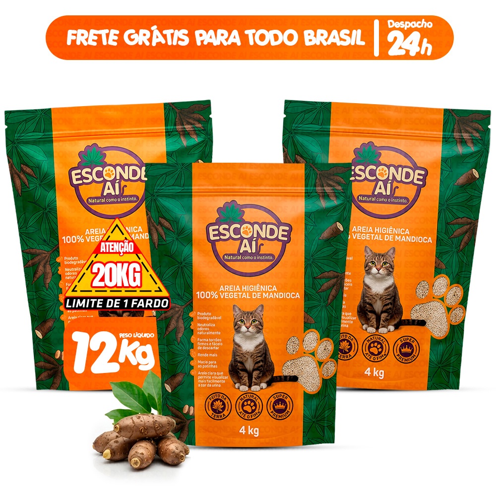 Kit 3 Pacote Areia de Higiênica Para Gato Biodegradável Esconde Ai 12KG Granulado Sanitário de Mandioca