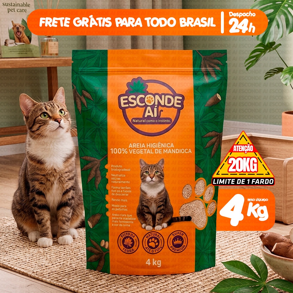 Areia de Gato Mandioca 4KG Granulado Natural Biodegradável Sem Odor Esconde Ai Forma Torrões