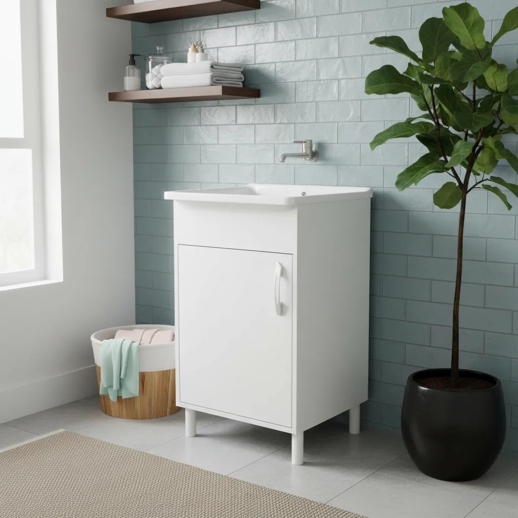 Armário Gabinete Mdf + Tanque fiberblu 26 L Sifão E Válvula Branco
