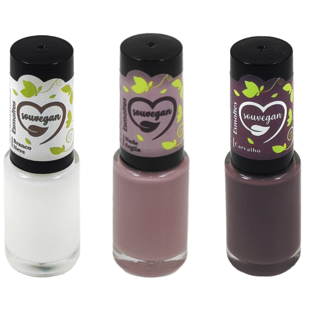 Kit de 3 Esmaltes Tons de Nude, Branco transparente, Marrom Sou Vegan Cores Variadas Coleção Inverno Manicure