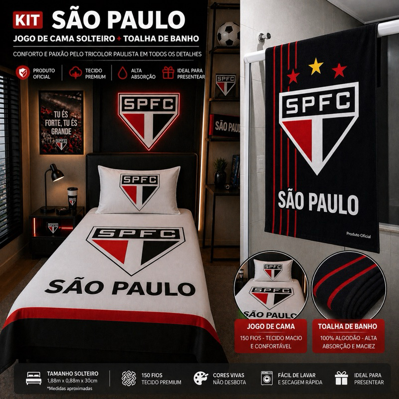 Kit Jogo de cama São Paulo Solteiro + Toalha de Banho SPFC Oficial | Jogo de Cama 150 Fios Macio e Confortável