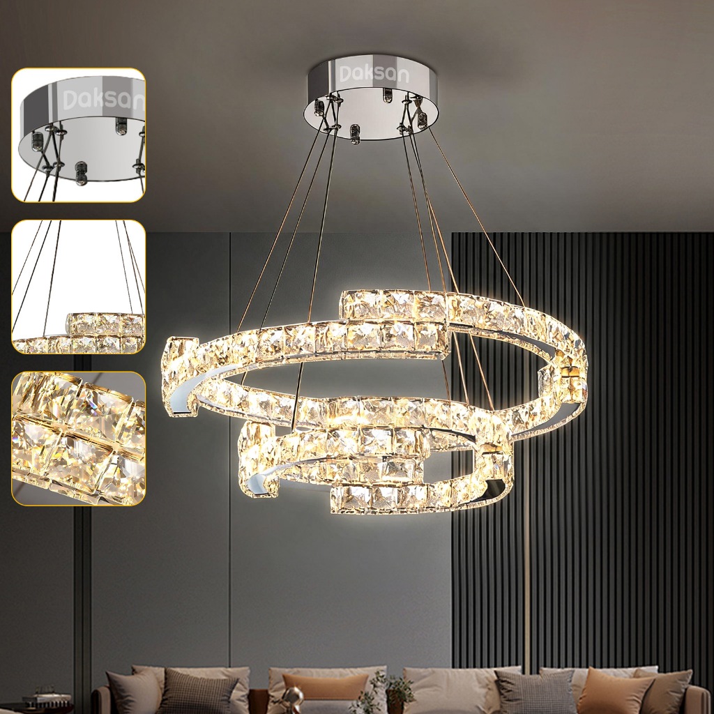 Lustre Pendente LED 2 Anéis 60+40cm Cristais Decorativos 3 Cores Controle Remoto Bivolt