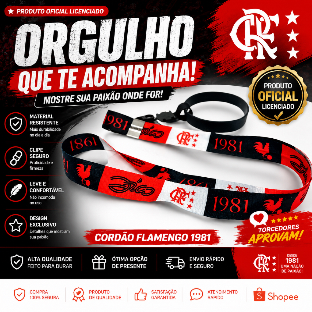 Cordão Flamengo ZICO 1981 Oficial Licenciado | Porta Copo Rubro-Negro