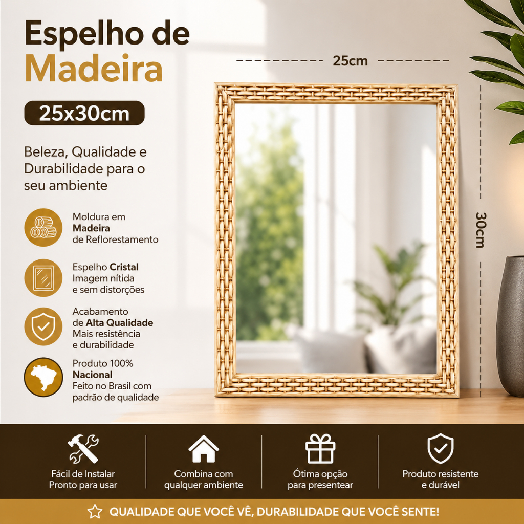 Espelho 25x30 com Moldura de Madeira Premium Decorativo