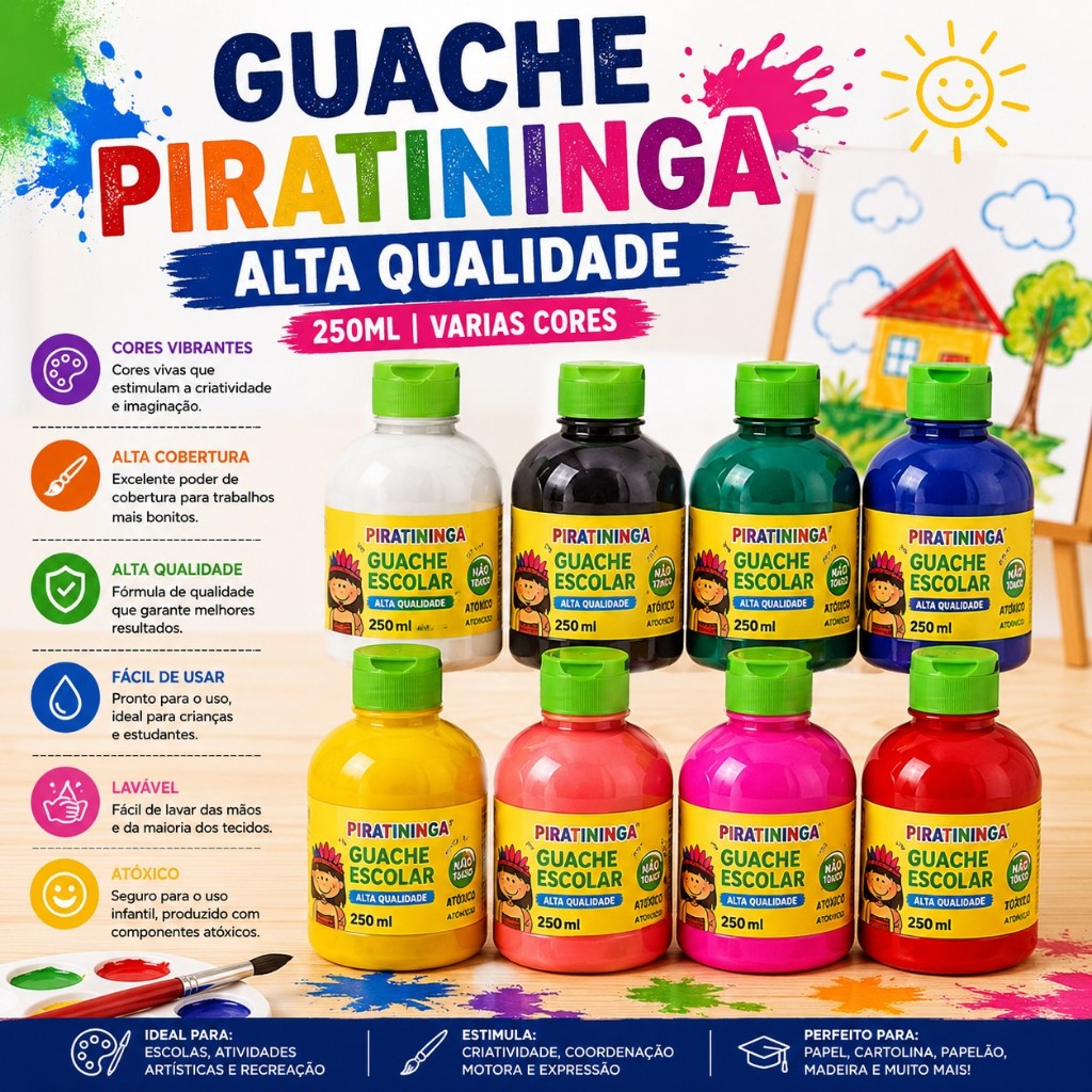Guache Escolar 250ml Piratininga Com Bico Dosador Tinta Guache Varias Cores Escolar Artesanato Pintura