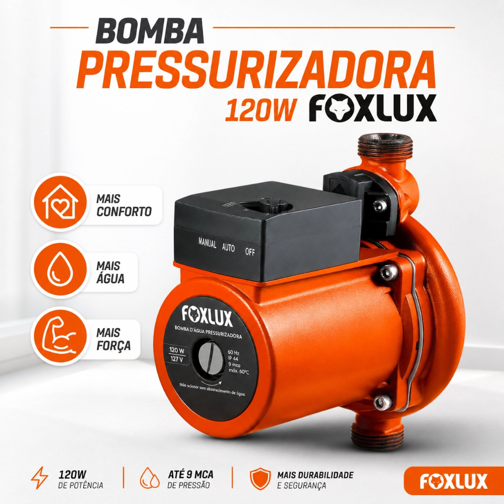 Bomba Pressurizadora Foxlux 127V 120W 9mca com Fluxostato Automático Silenciosa Chuveiro e Torneira