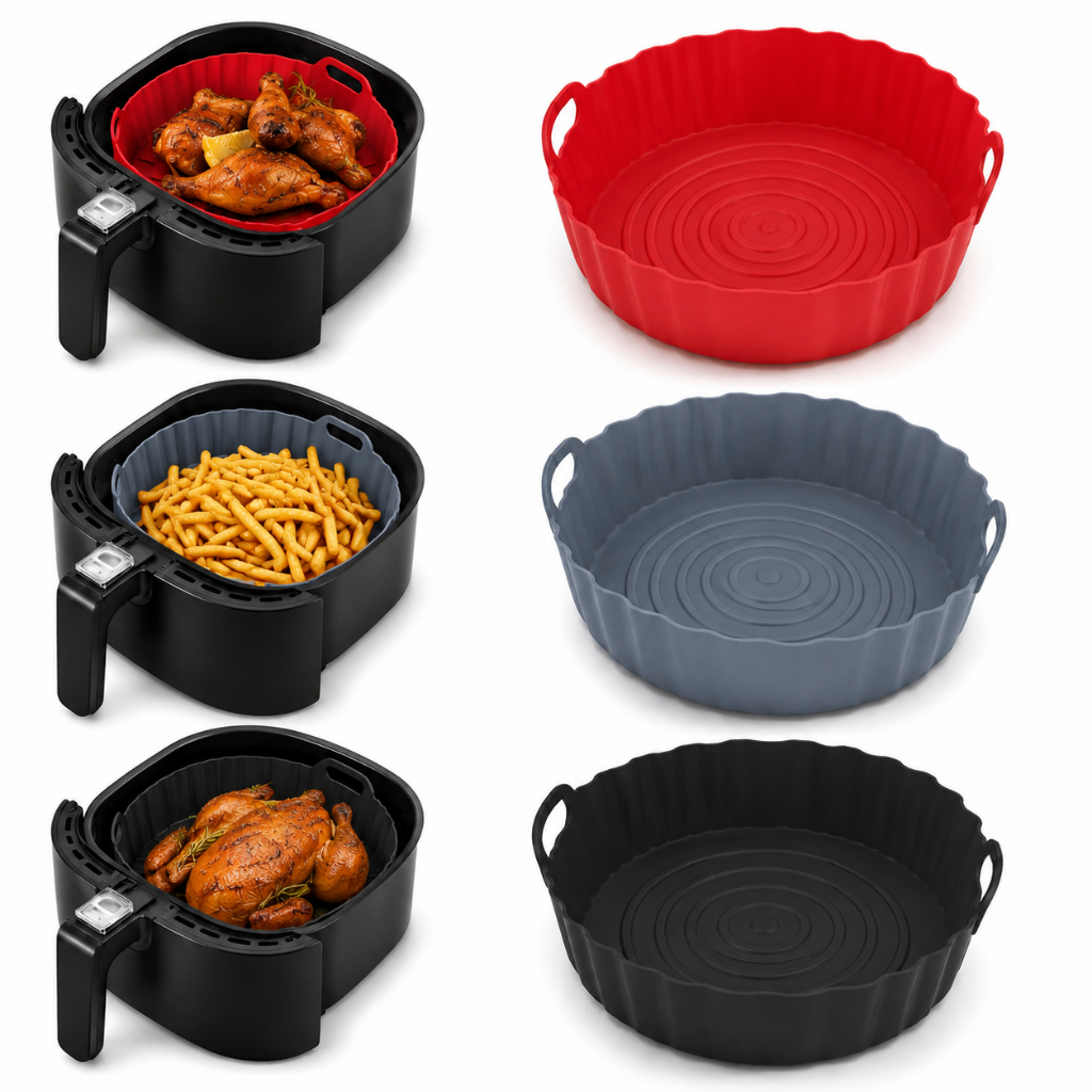 KIT 3 Forma De Silicone Redonda Para Air Fryer Forno Microondas Fritadeira Assadeira  Reutilizável Antiaderente Flexível