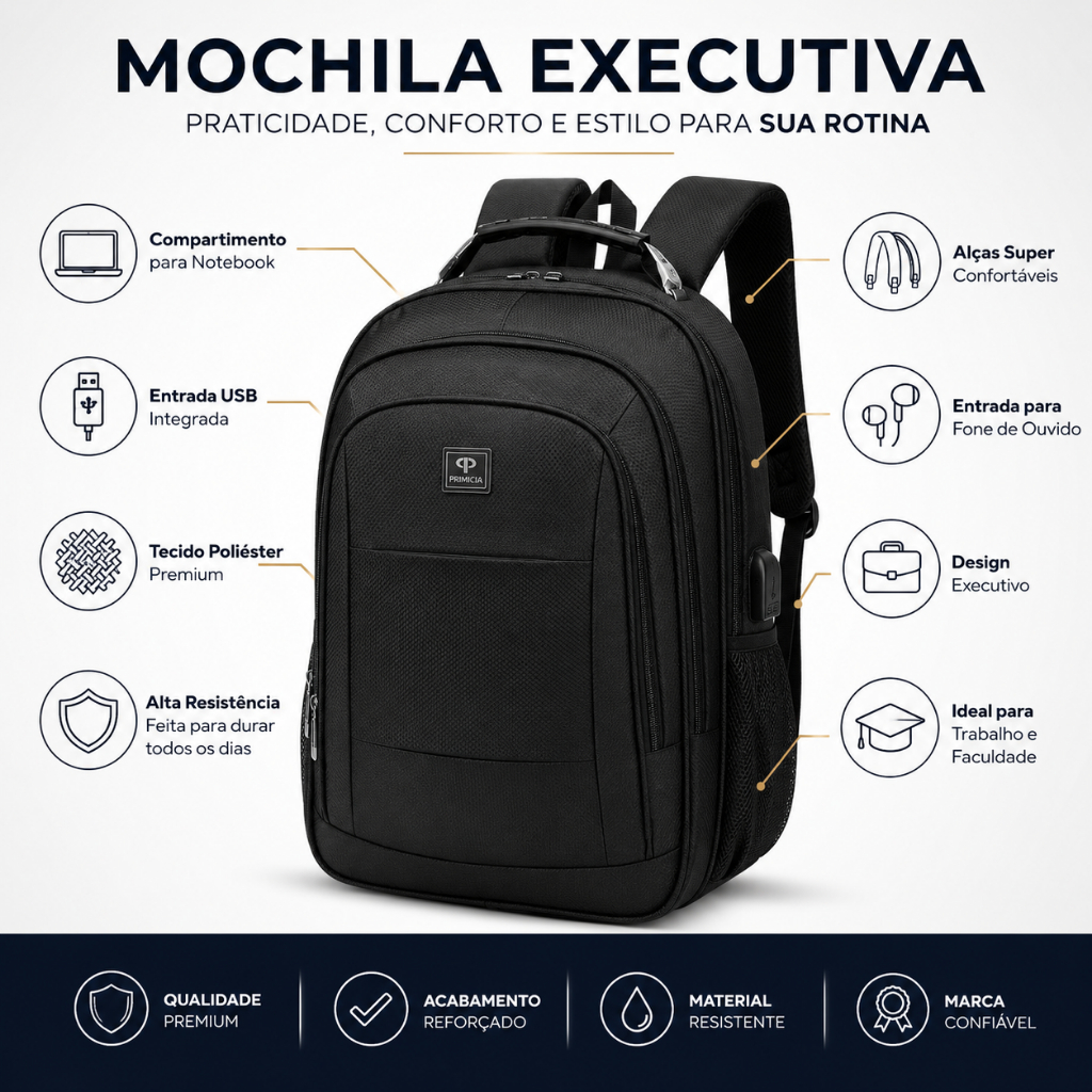Mochila Executiva Reforçada Masculina Notebook Entrada USB Resistente Trabalho F