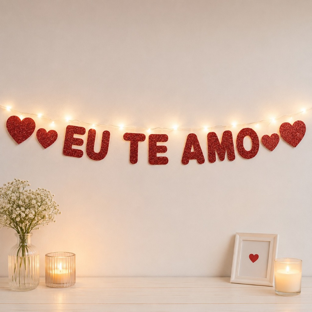 Faixa Decorativa Eva Glitter EU TE AMO + Led Decoração Dia dos Namorados Surpresa Romântica Vitrini