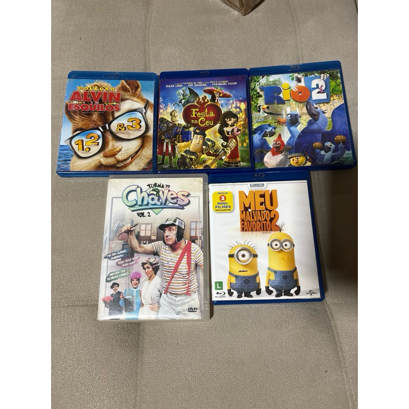 lote blu rays e dvd meu malvado favorito, chaves, alvin e os esquilos 1, 2 e 3, festa no ceu, rio 2 animação disney