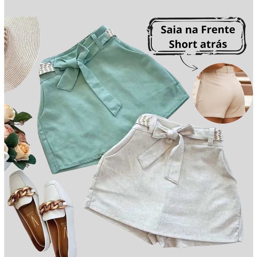 Short Saia em Linho Feminino com Cinto e Forro | Cintura Alta | Saia na Frente e Short Forrado Atrás