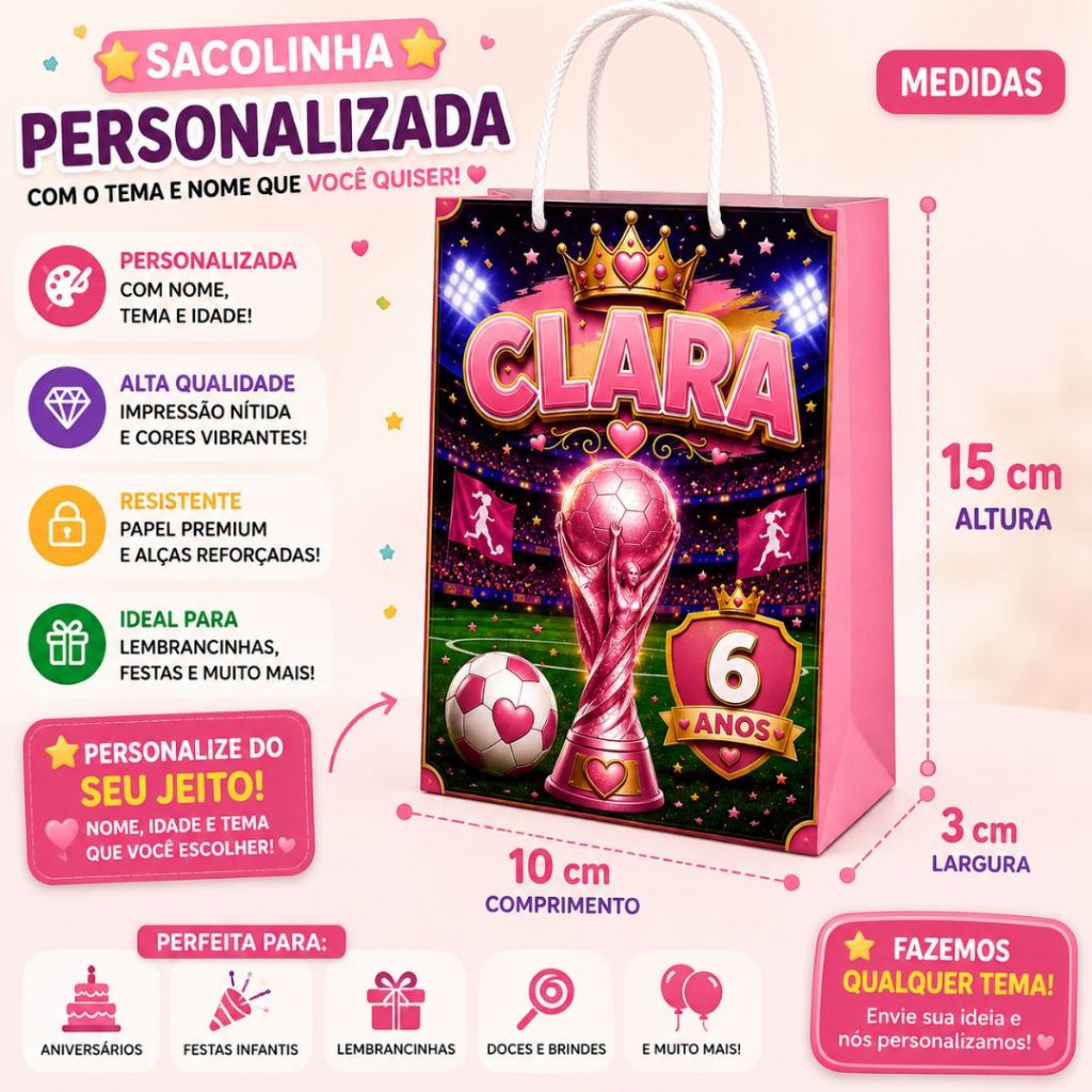 Sacolinha de lembrancinha rosa copa - personalizada QUALQUER TEMA | menina | Aniversário