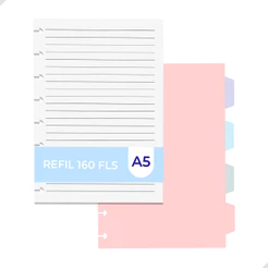Kit 4 Divisórias A5 Coloridas + Refil 160 Folhas 8 Discos Caderno Inteligente Material Escolar
