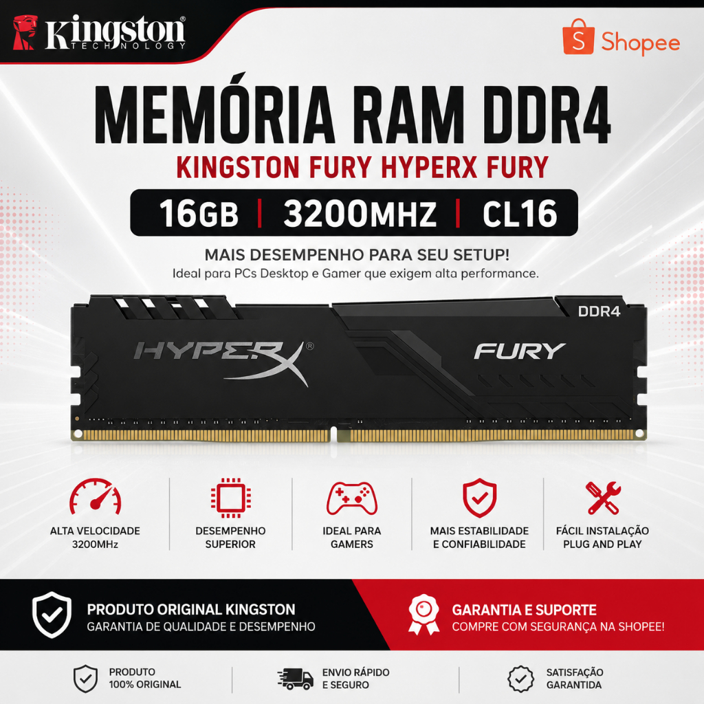 [SEMI NOVAS] MEMÓRIA PC DESKTOP/GAMER DDR4 16GB 3200MHZ CL16 KINGSTON HYPERX FURY 100% FUNCIONANDO
