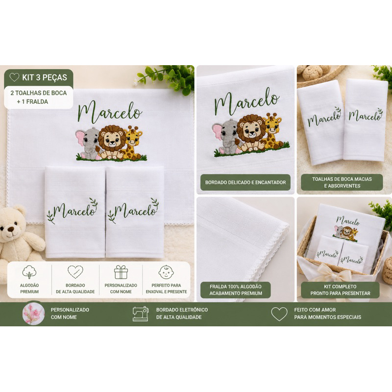Kit 3 Peças Personalizado com Nome | 2 Toalhas de Boca + Fralda Bordada