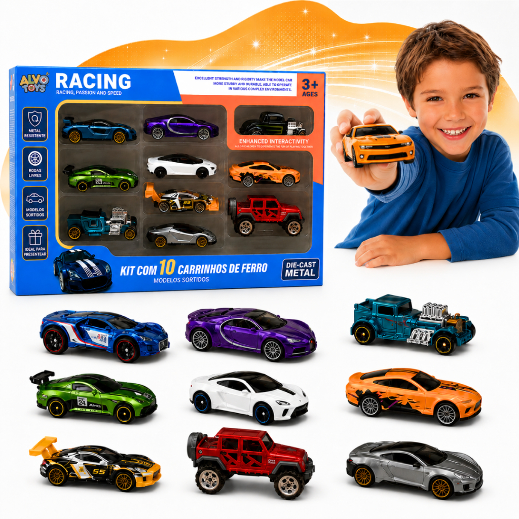 Kit Coleção 10 Carrinhos de Ferro Hot Cars ou 5 unidades Brinquedo Carros Miniatura Metal Meninos