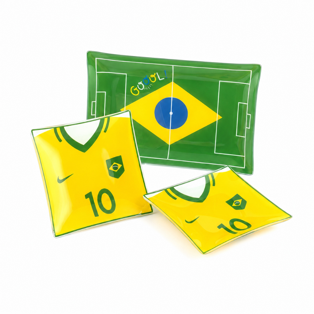 Kit 3 Petisqueiras Vidro Copa do Mundo Brasil Travessa Retangular e Quadrada Petiscos Jogo Torcida Brasileira