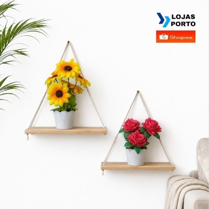 Prateleira de madeira nicho rústico decorativo suspensa com cordas