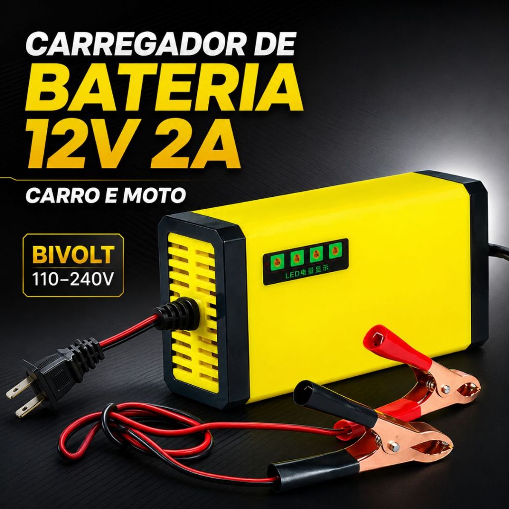Carregador de Bateria Veicular Inteligente 12v Portátil Display Digital Carro Moto Triciclos
