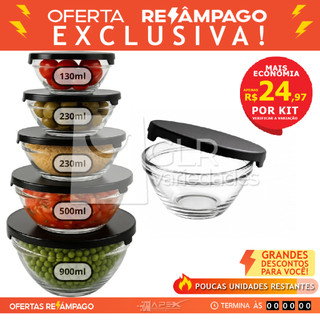 Kit 5 potes redondos de vidro hermético com tampa freezer microondas empilhavel marmita bowl premium