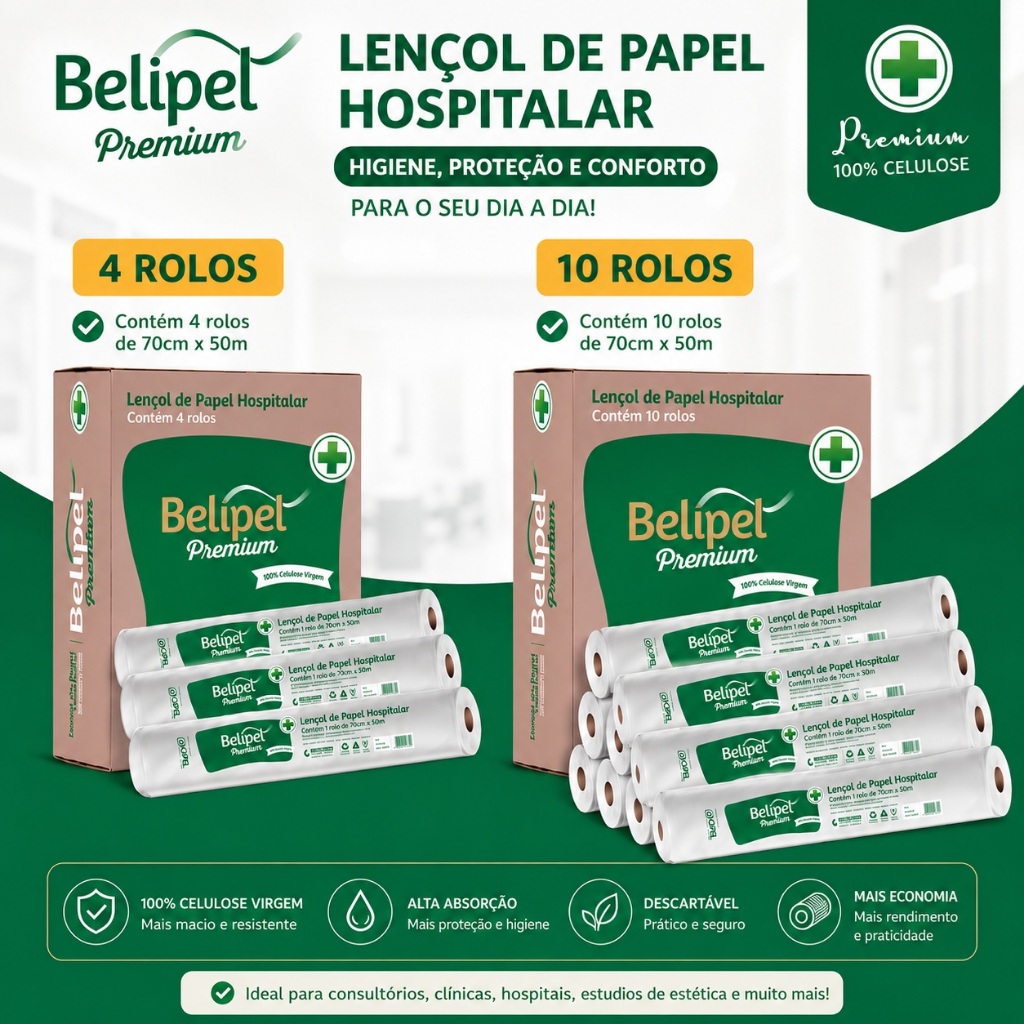 Lençol Descartável Premium Luxo Para Maca 70cm x 50m Kit 4 Rolos e 10 Rolos Branco