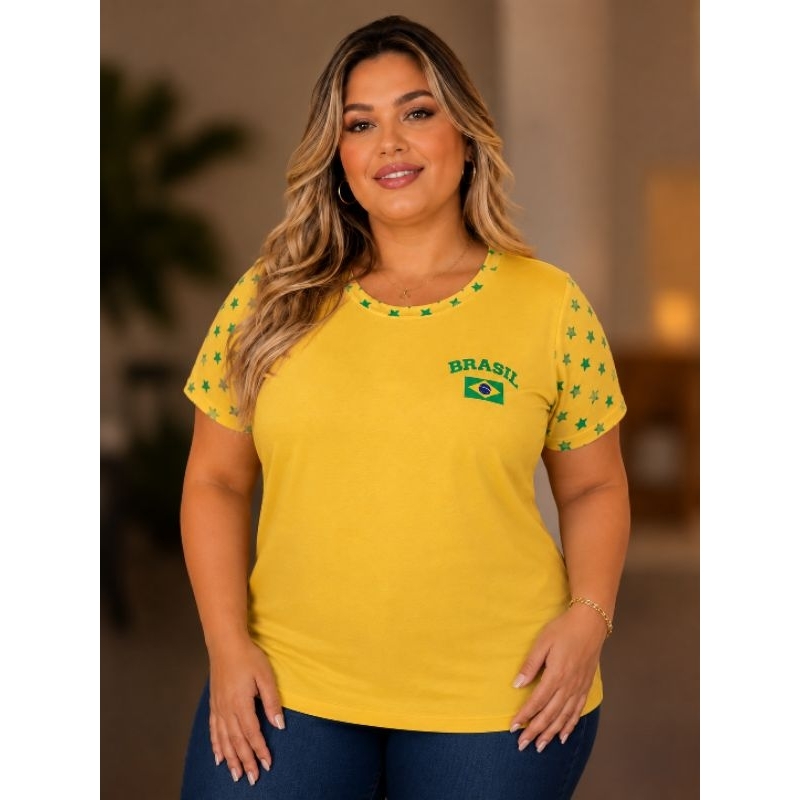 Blusa Feminina Brasil Plus Size GG ao G3 Camiseta Copa Seleção Brasileira