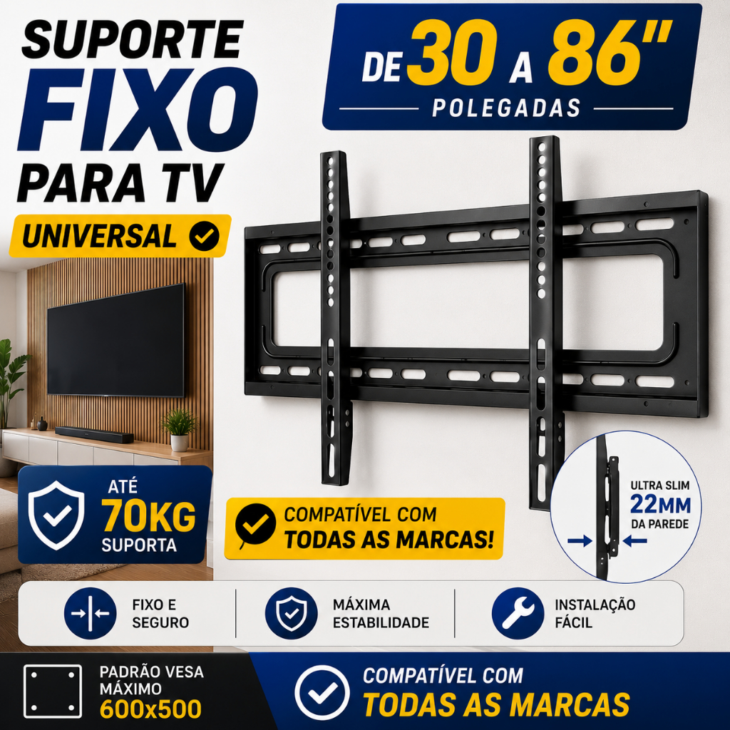 Suporte Para TV Fixo Universal 30 a 86 Smart TV LED LCD Parede Slim Reforçado