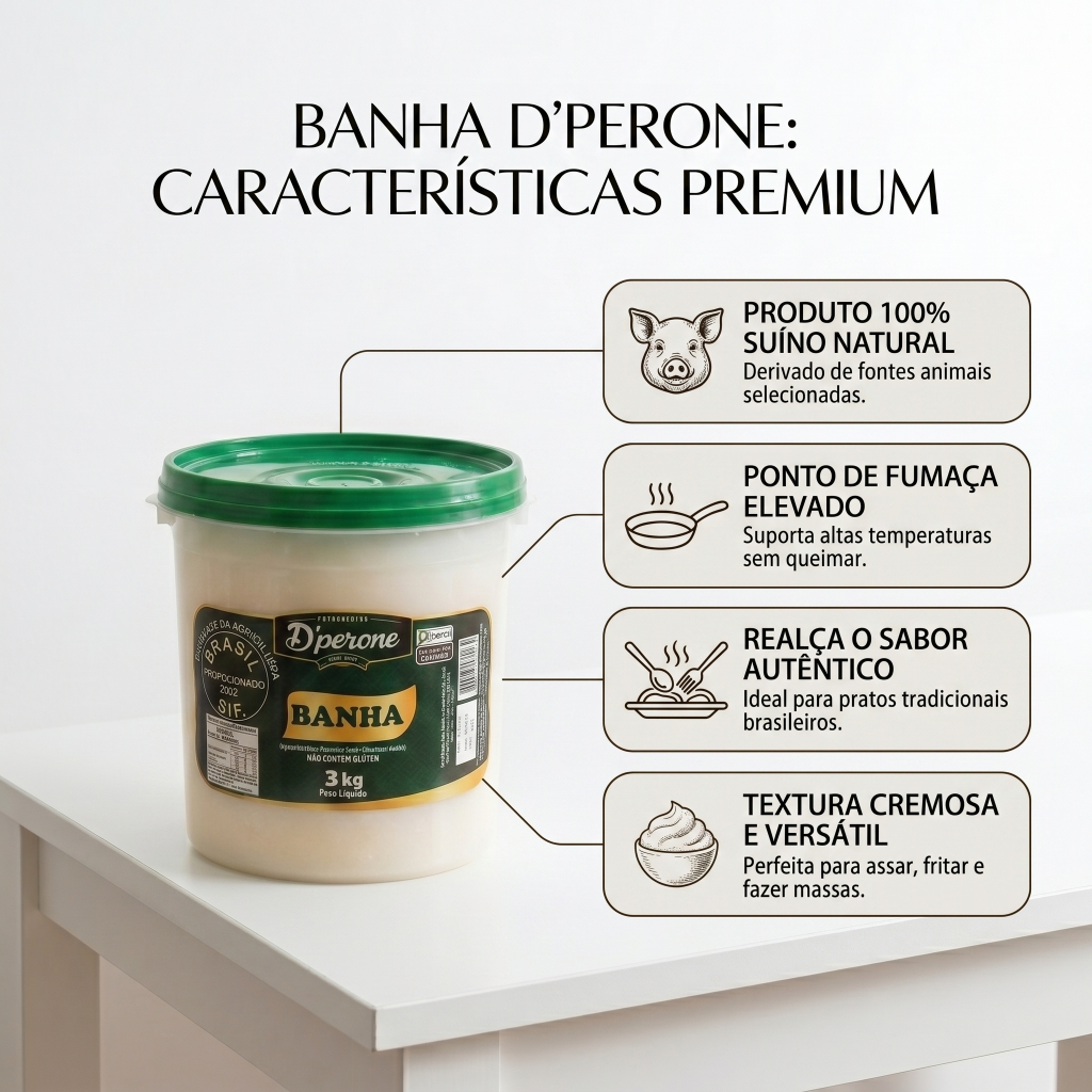 Banha de Porco 3kg Pura DPerone Balde Natural Atacado Culinária Saudável Alimentos Qualidade Premium
