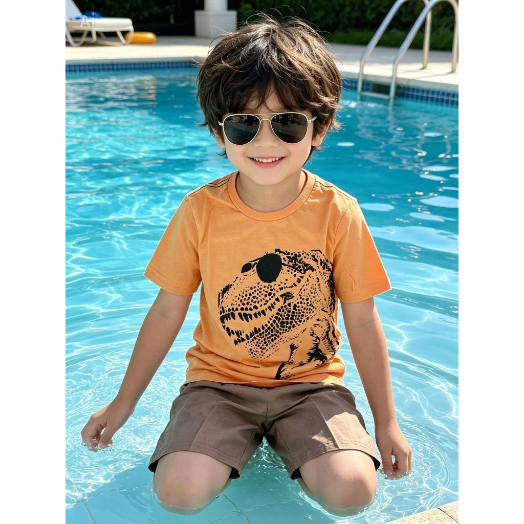 Conjunto Interativo Mágico Camiseta + Bermuda Que Muda De Estampa na agua - Estampa Dinossauro ideal pra praia e piscina