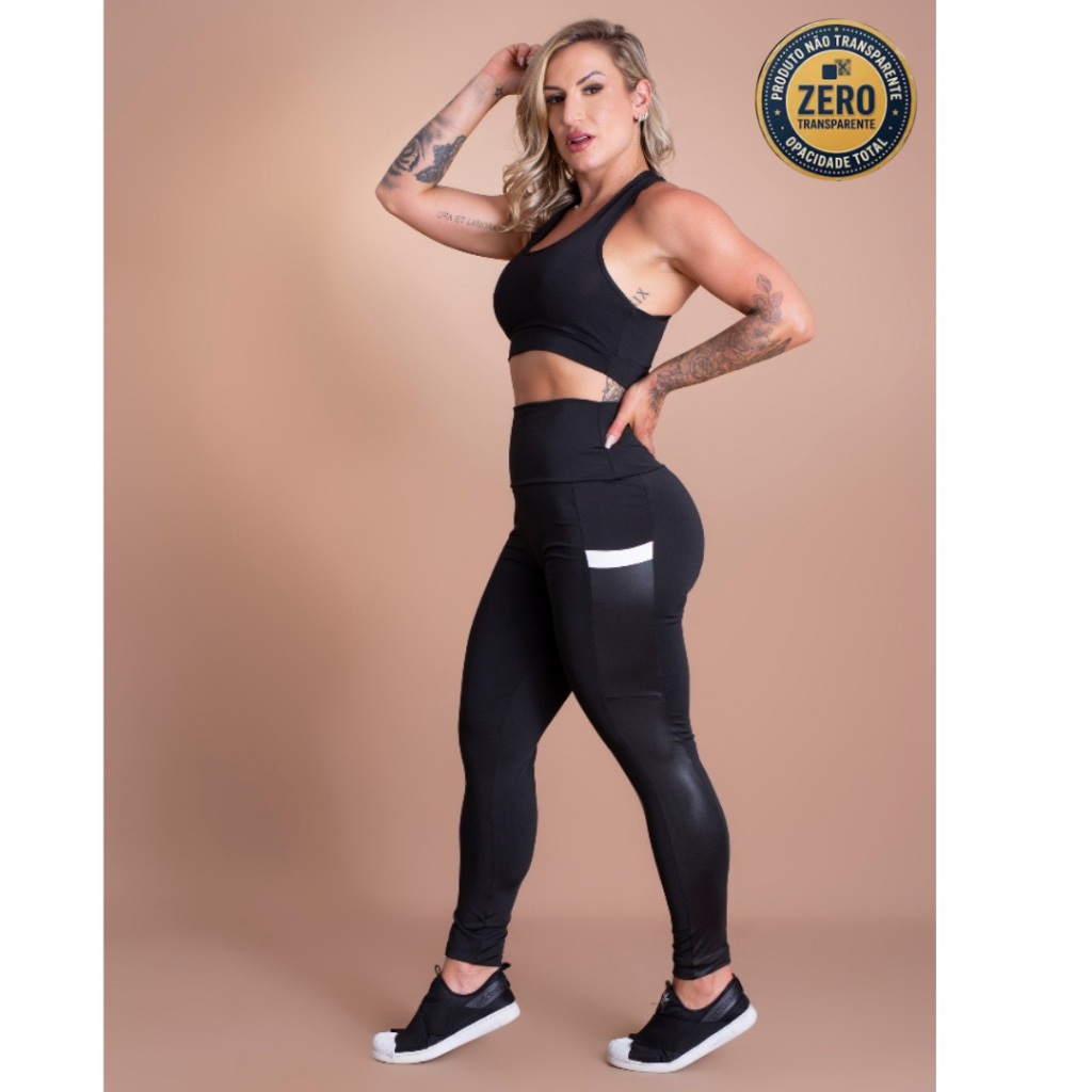 Conjunto Fitness Feminino Calça Legging Cintura Alta Bolso Lateral Cirrê e Top Liso Nadador Academia ZERO TRANSPARÊNCIA
