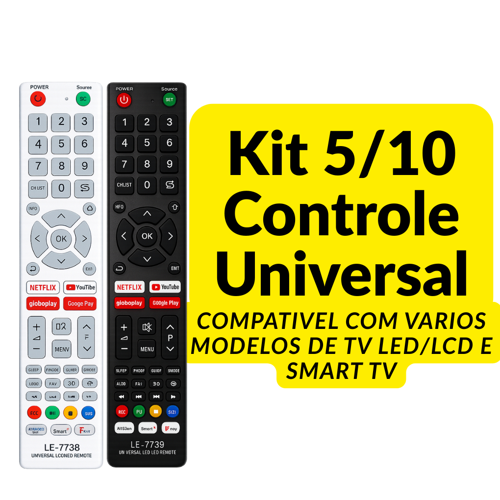 Kit 5/10 Controle Remoto Universal TV LED/LCD Smart TV Compatível Diversas Marcas