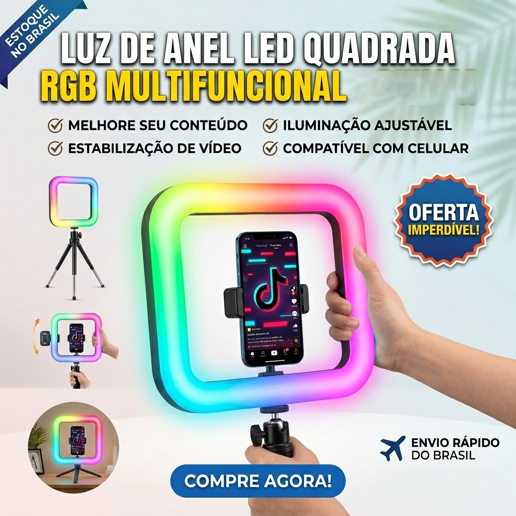Ring Light LED RGB Quadrada Profissional Recarregável com Bateria Bluetooth