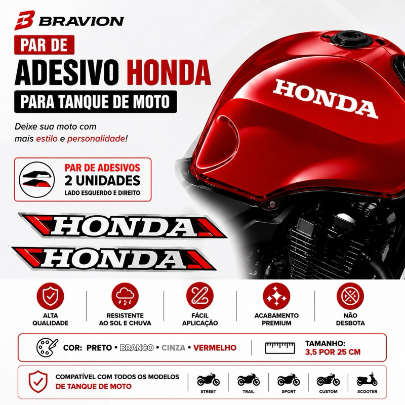 Par de Adesivo Honda Preto Branco Cinza Vermelho para Tanque de Moto Alta Qualidade