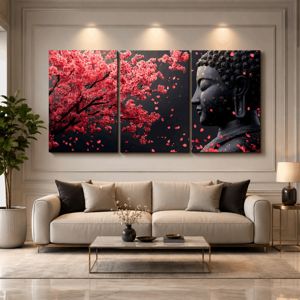 Quadro Decorativo Luxo 3 Peças Sala Quarto Buda Arte Budista Religiosa Flor De Cerejeira