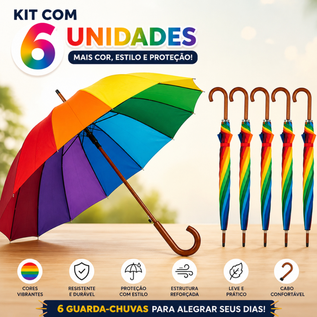 Guarda Chuva Colorido Arco-íris Automático Varetas Grande Reforçado 16 hastes carnaval