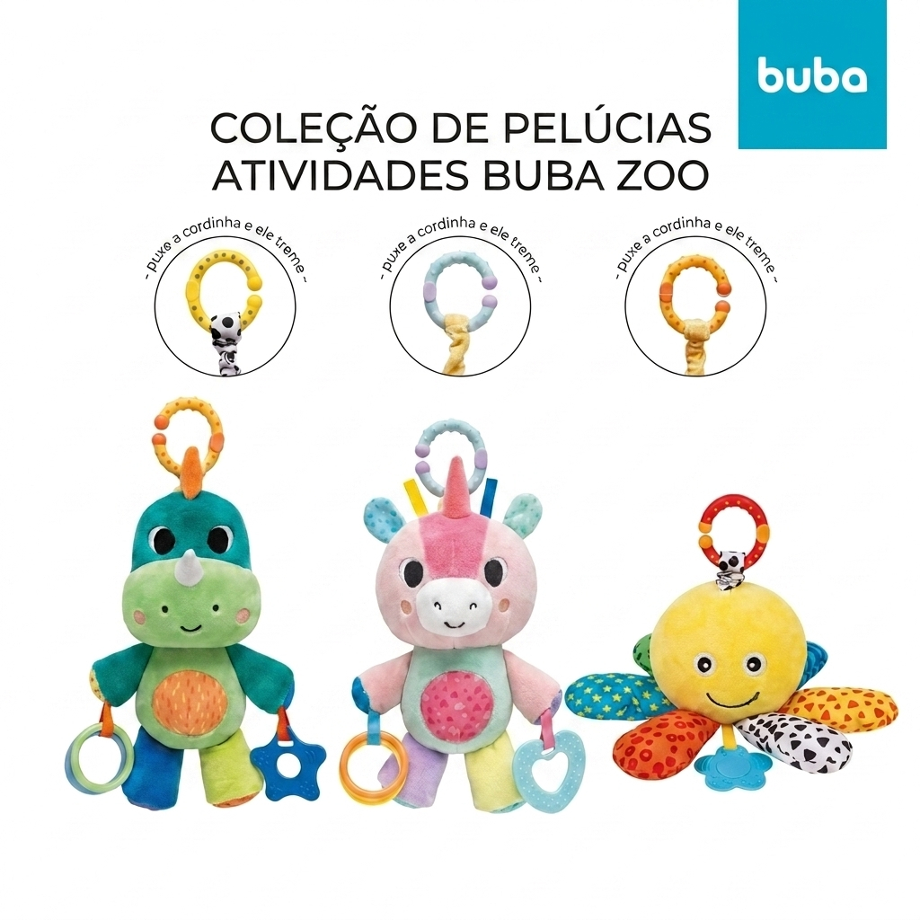 Brinquedo de Pelúcia BUBA Bebê com Atividades Sensorial Mordedor Chocalho Unicórnio Dino Polvinho