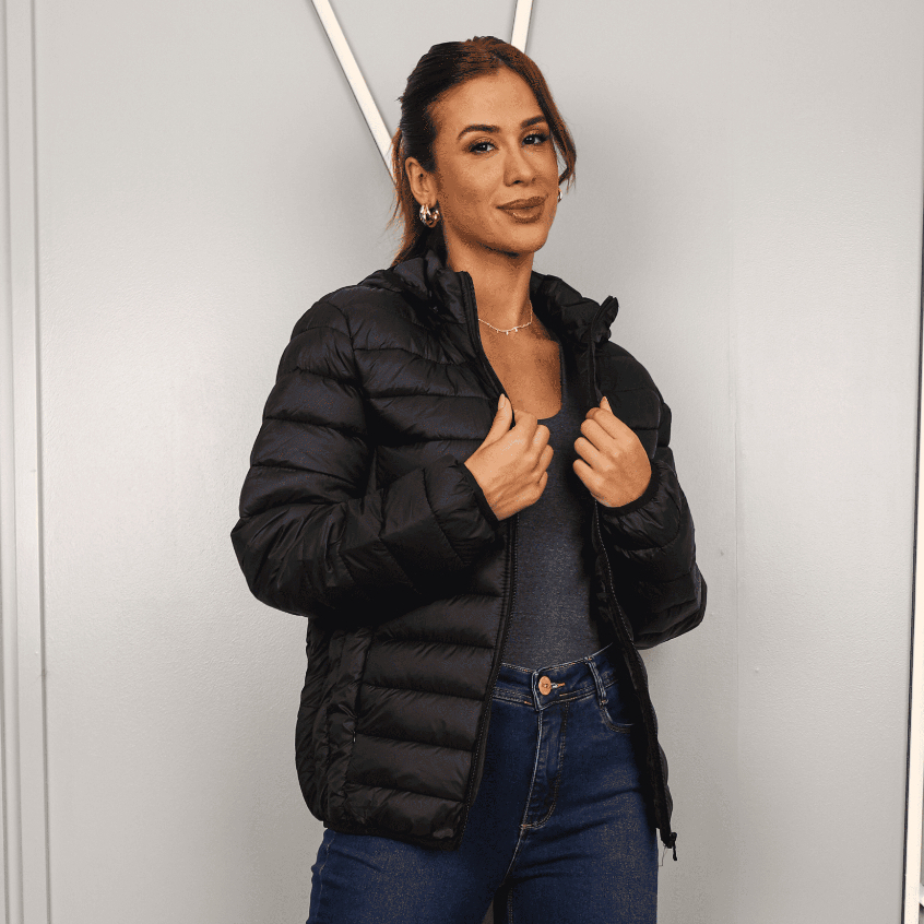 Jaqueta Feminina Bobojaco Puffer com Capuz Removível Nylon Repele Líquido Manga Longa Bolsos