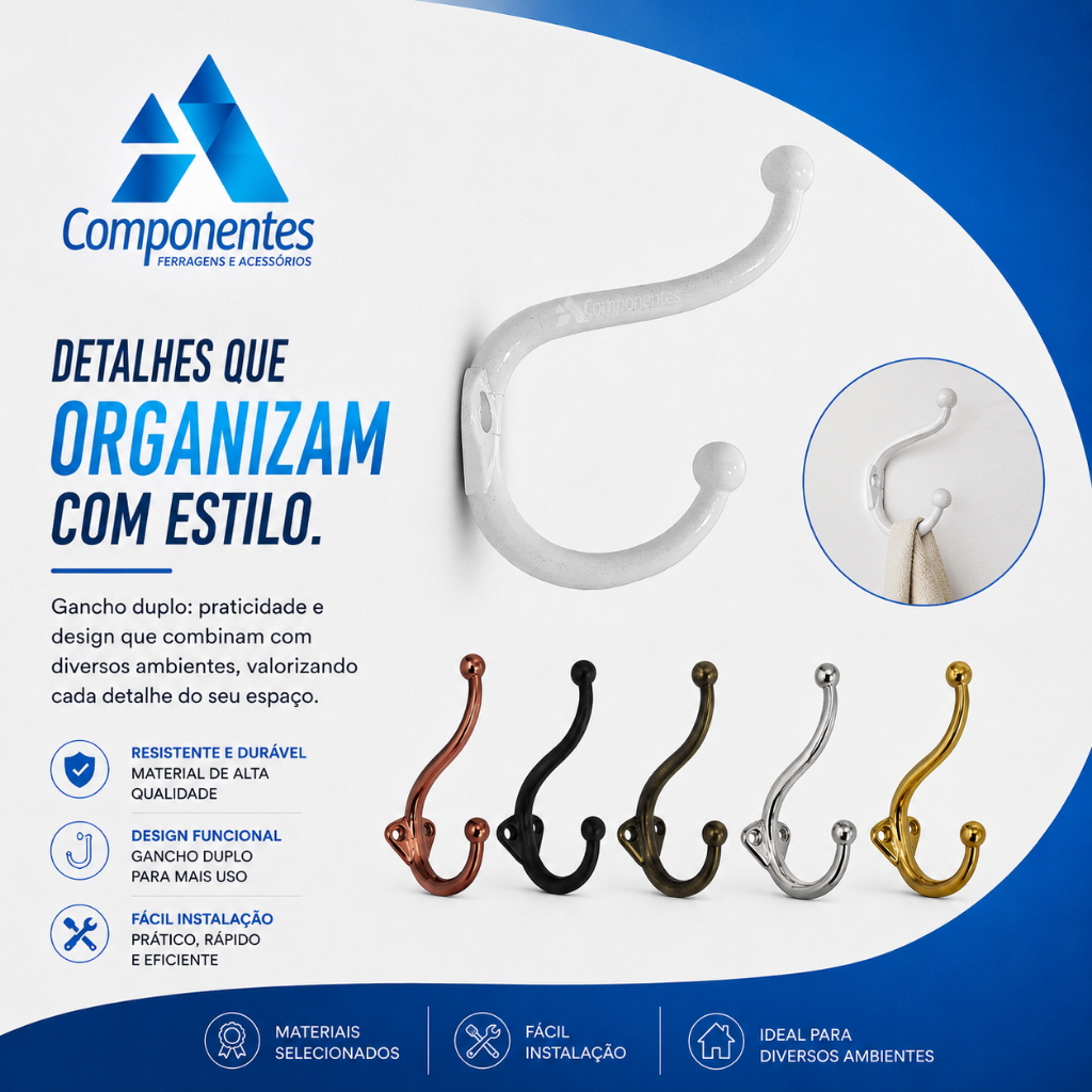 Gancho Cabide Branco Suporte Grande Duplo Para Parede Madeira Toalha - 20 Peças com Parafusos e Bucha