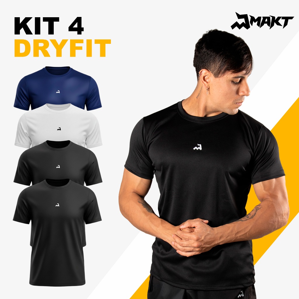 Kit 4 Camiseta Dry Masculina Fitness Academia Corrida CrossFit Poliester Premium Esporte Anti Suor