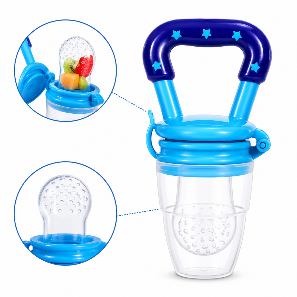 Chupeta Porta Fruta Infantil Silicone Alimento BPA Free Com Tampa Azul