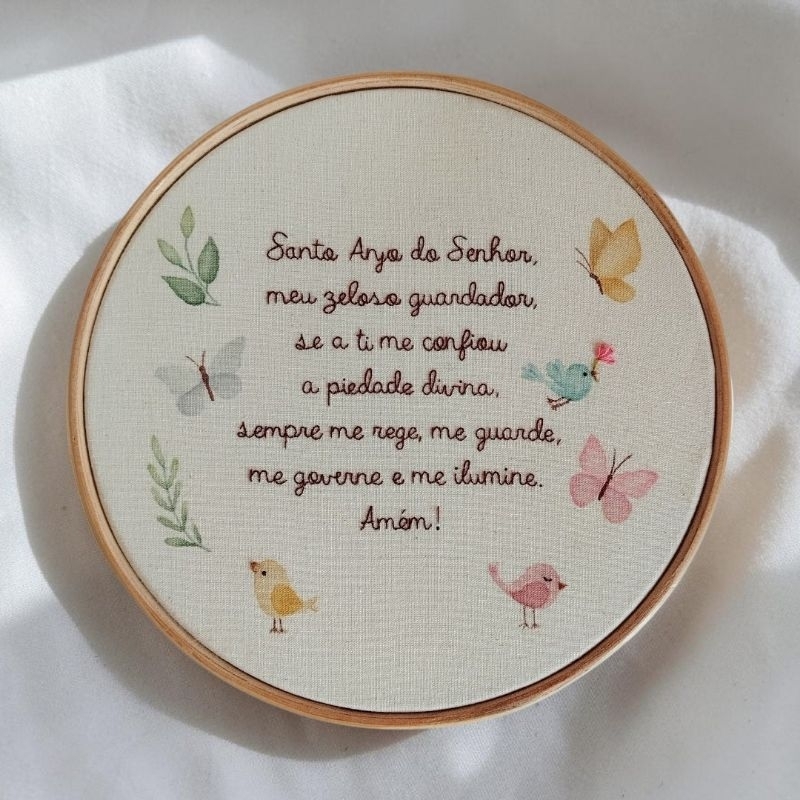 Bastidor Bordado à Mão Oração Santo Anjo Aquarela Decoração Infantil