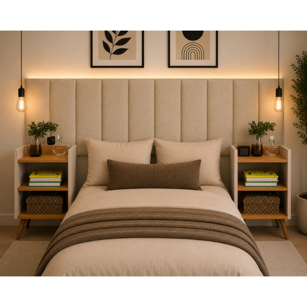 Conjunto Para Cama Cabeceira Modular com Mesas Max Moderna Premium Quarto Casal Queen King