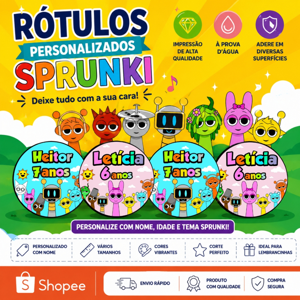 Rótulos Adesivos Personalizados Sprunki 5x5cm Festa Infantil com Nome e Idade Colorido festa Sprunki