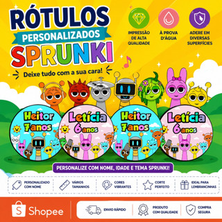 Rótulos Adesivos Personalizados Sprunki 5x5cm Festa Infantil com Nome e Idade Colorido festa Sprunki