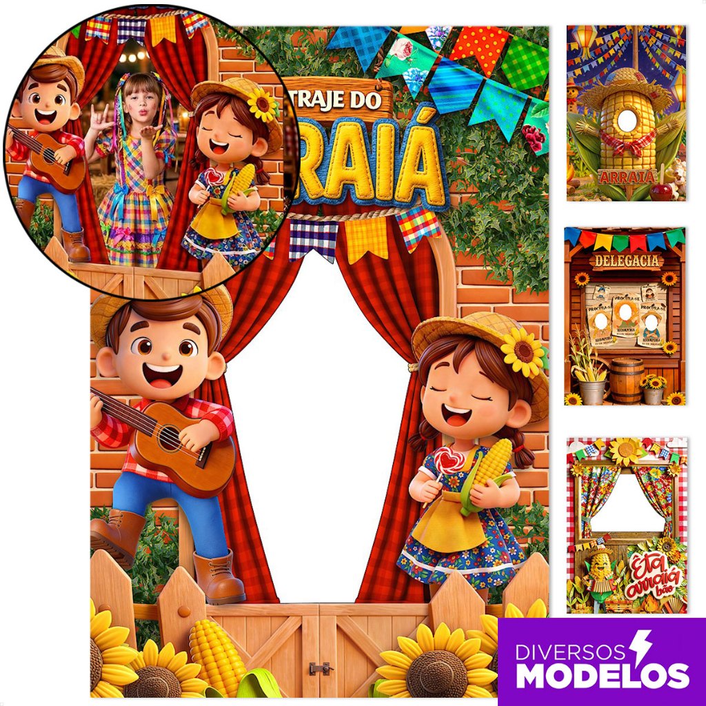 Painel Festa Junina Escolar Infantil Interativo Retangular Vazado Sublimado Em Tecido 1,50x2,20m