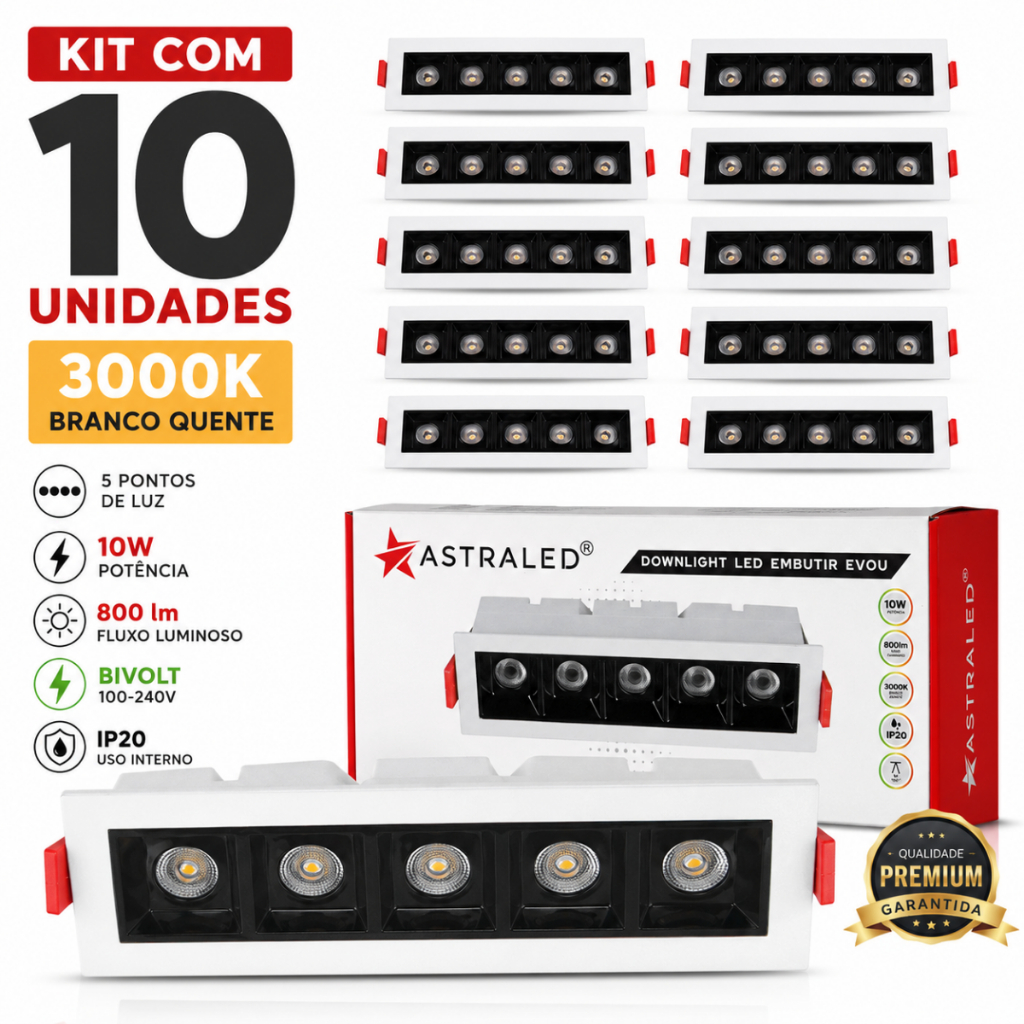 Kit 10 Luminária Spot Linear LED Embutir 5 Pontos Branco 10W 3000K Bivolt IP20 Astraled