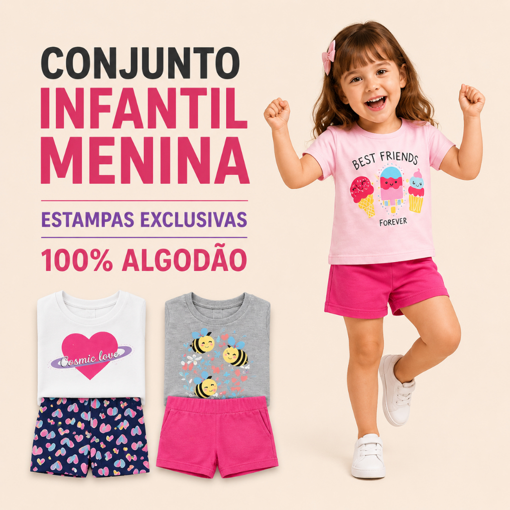 Conjunto Infantil Menina 1 a 6 Anos Roupa Feminina Verão 100% Algodão Estampas Sortidas Brinde