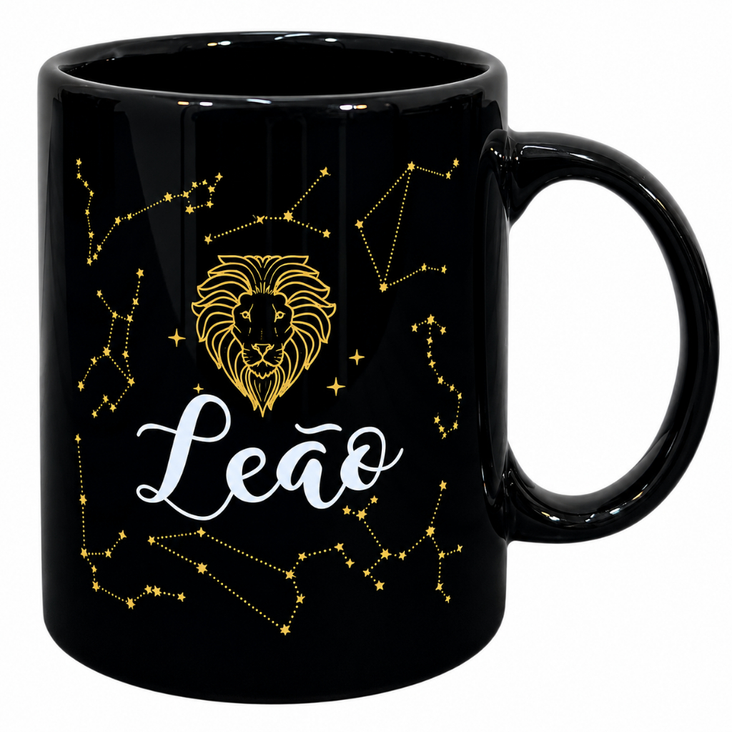 Imagem Caneca Signo Leão Cerâmica Preta 320ml | Constelação Zodíaco Presente Astrologia